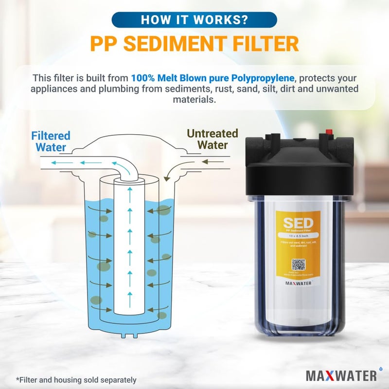 Max Water فلتر مياه كامل للمنزل 5 ميكرون 10 × 4.5 بوصة | خراطيش استبدال فلتر مياه بئر من بولي بروبيلين مصهور لـ DGD-5005، AP810، SDC-45-1001، GXWH30C، PP10BB (20 عبوة) - Image 4